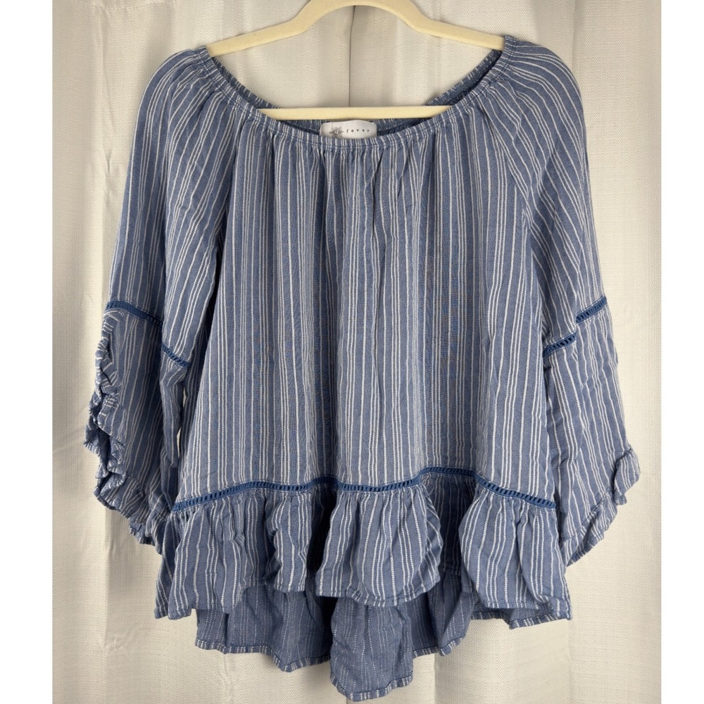 Fever‎ Blue White Striped Off Shoulder Ruffle Bell Sleeve Blouse Top Medium